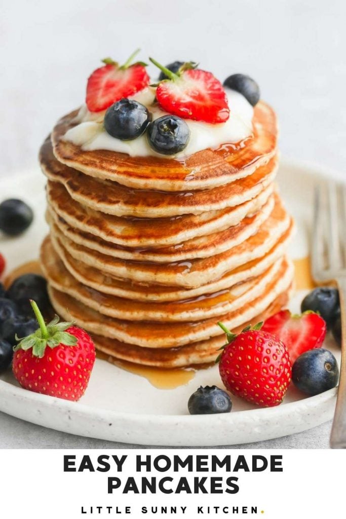 Pinnable image of easy homemade pancakes with text overlay