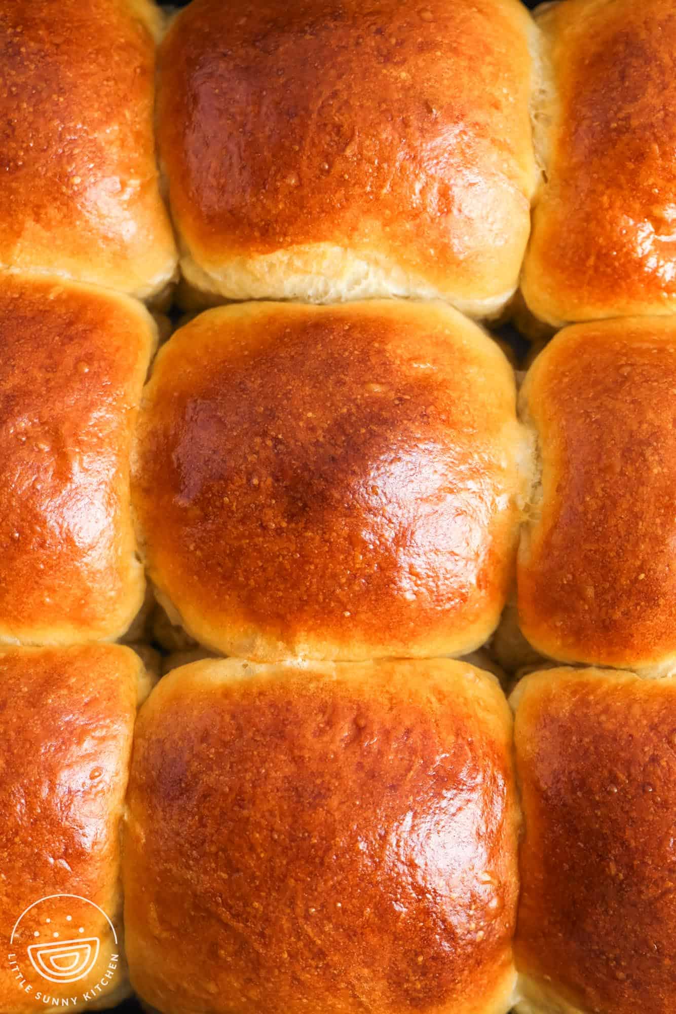 A close-up top view of freshly baked dinner rolls arranged in a baking dish. The rolls have a shiny, golden-brown crust and are baked tightly together, creating a soft, pull-apart texture.