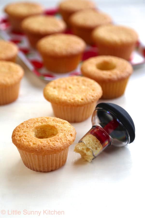 Jam filled cupcakes using OXO cupcake corer