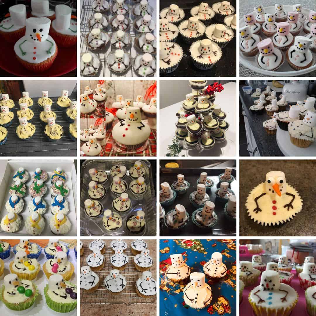 A collage of 16 images of snowman cupcakes made by readers