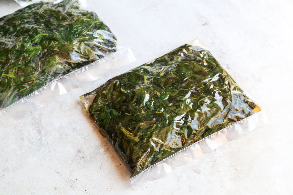 freezing Molokhia by wilting the leaves first, and then packing in plastic freezer bags