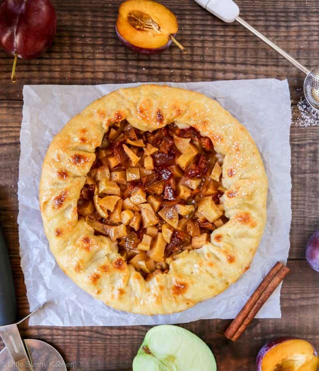 A photo of the final dish - Baked plum apple galette.