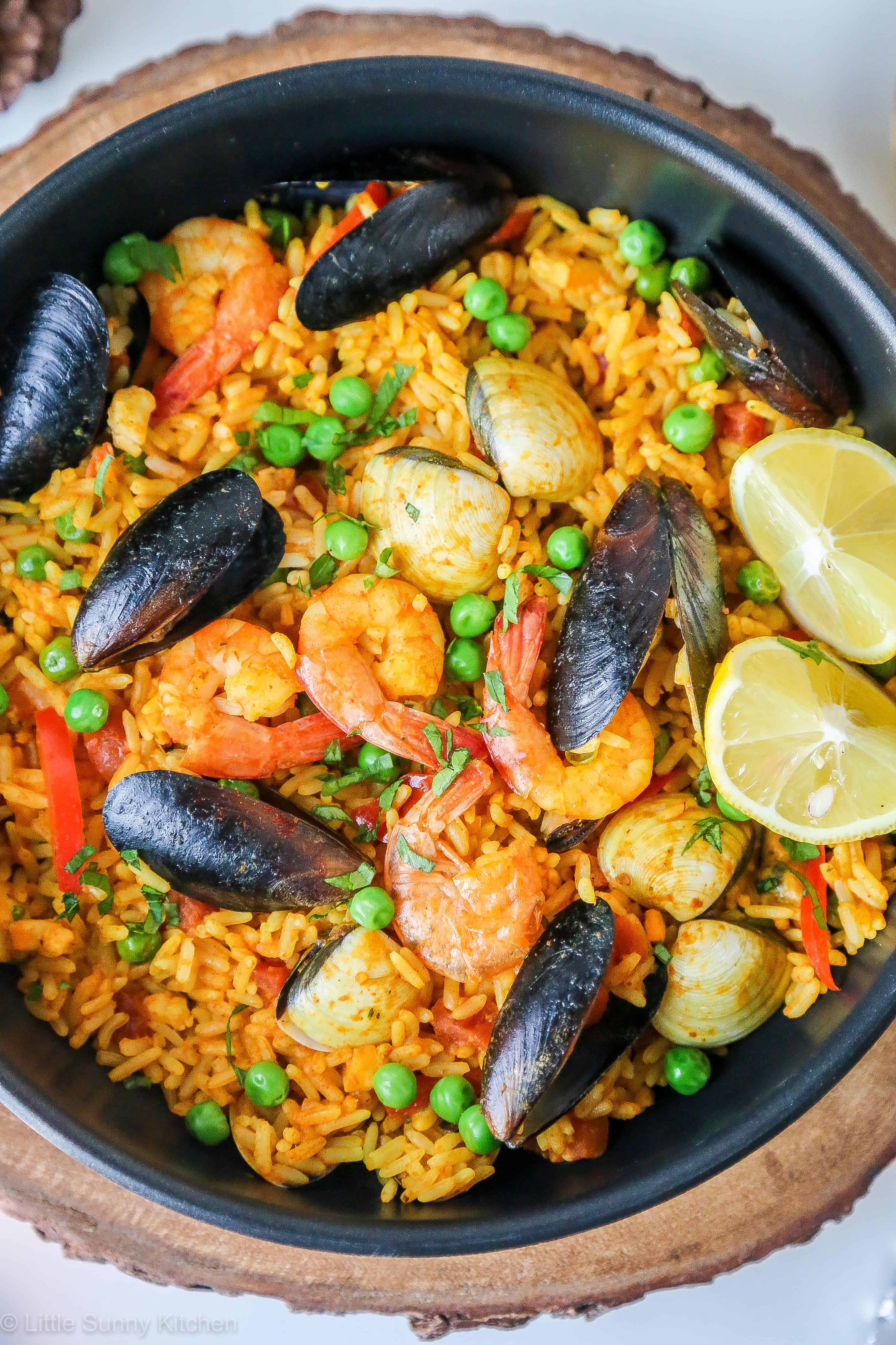 A colourful Spanish Seafood paella. Ready in under 20 minutes!