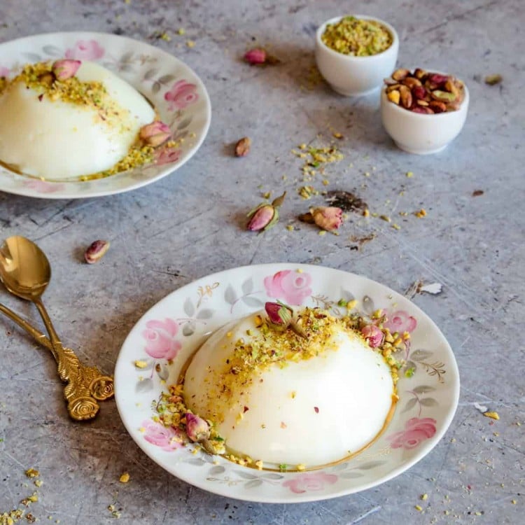 Muhalabieh is a creamy Middle Eastern milk pudding infused with rose water, and topped with crushed pistachios...