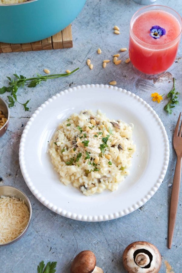 A super easy and quick one pot mushroom risotto recipe, made with white wine and a touch of parmesan cheese...