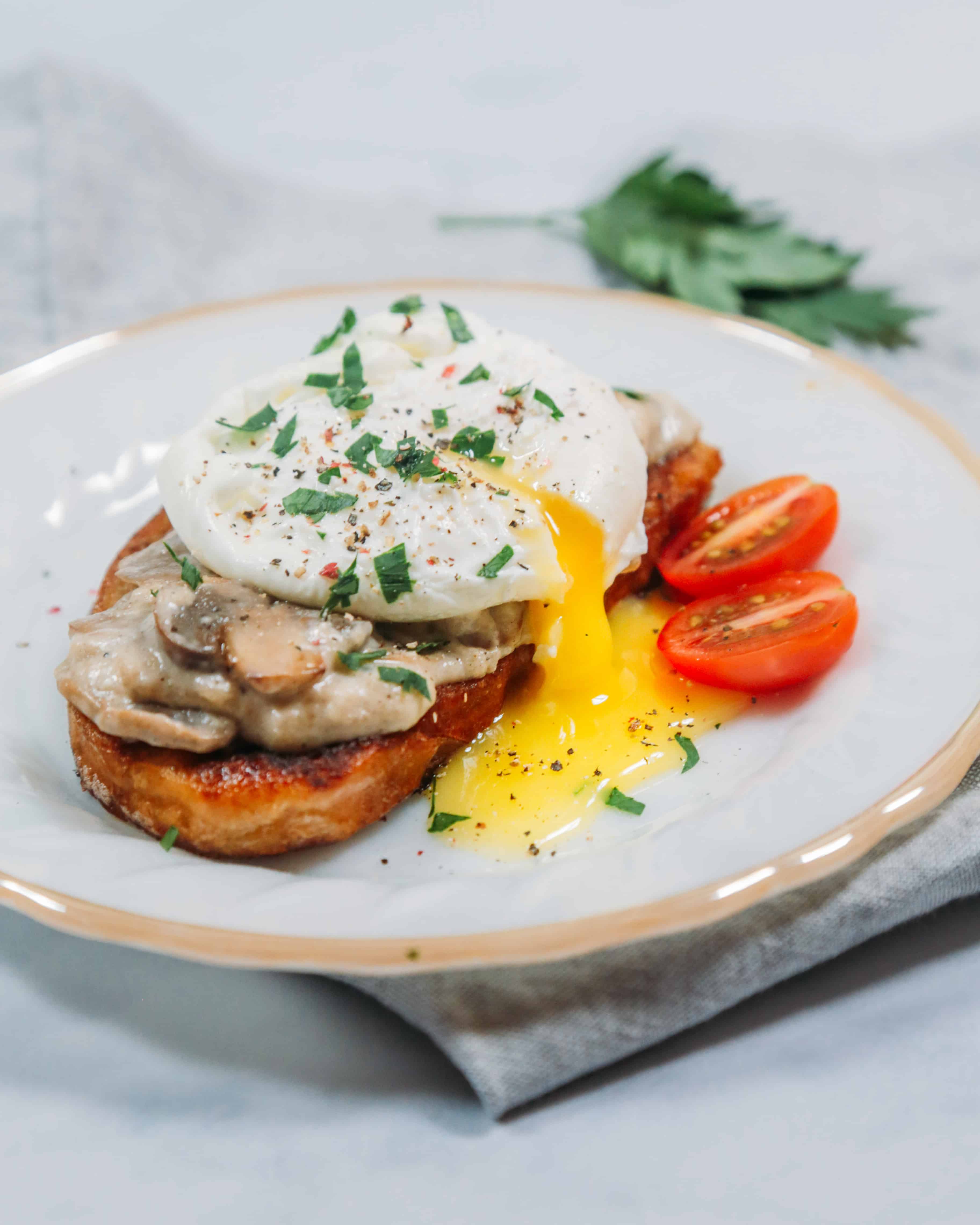 Savoury Russian Grenki recipe made savory with mushrooms and poached egg