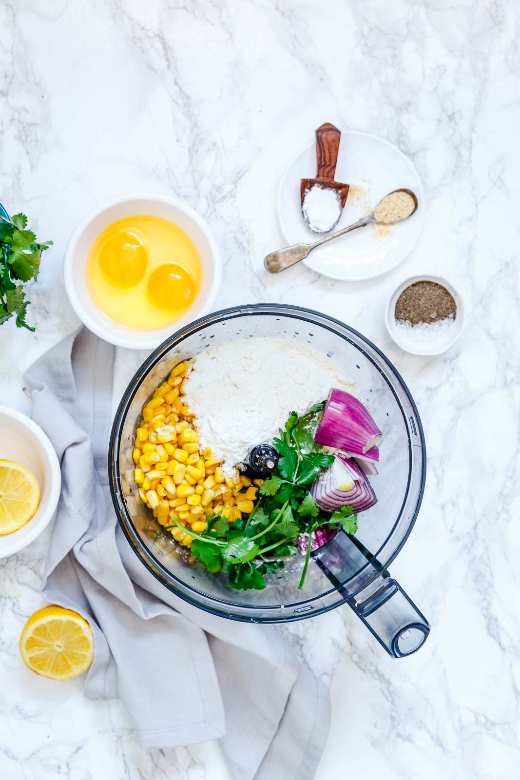 Corn fritters ingredients in a food processor