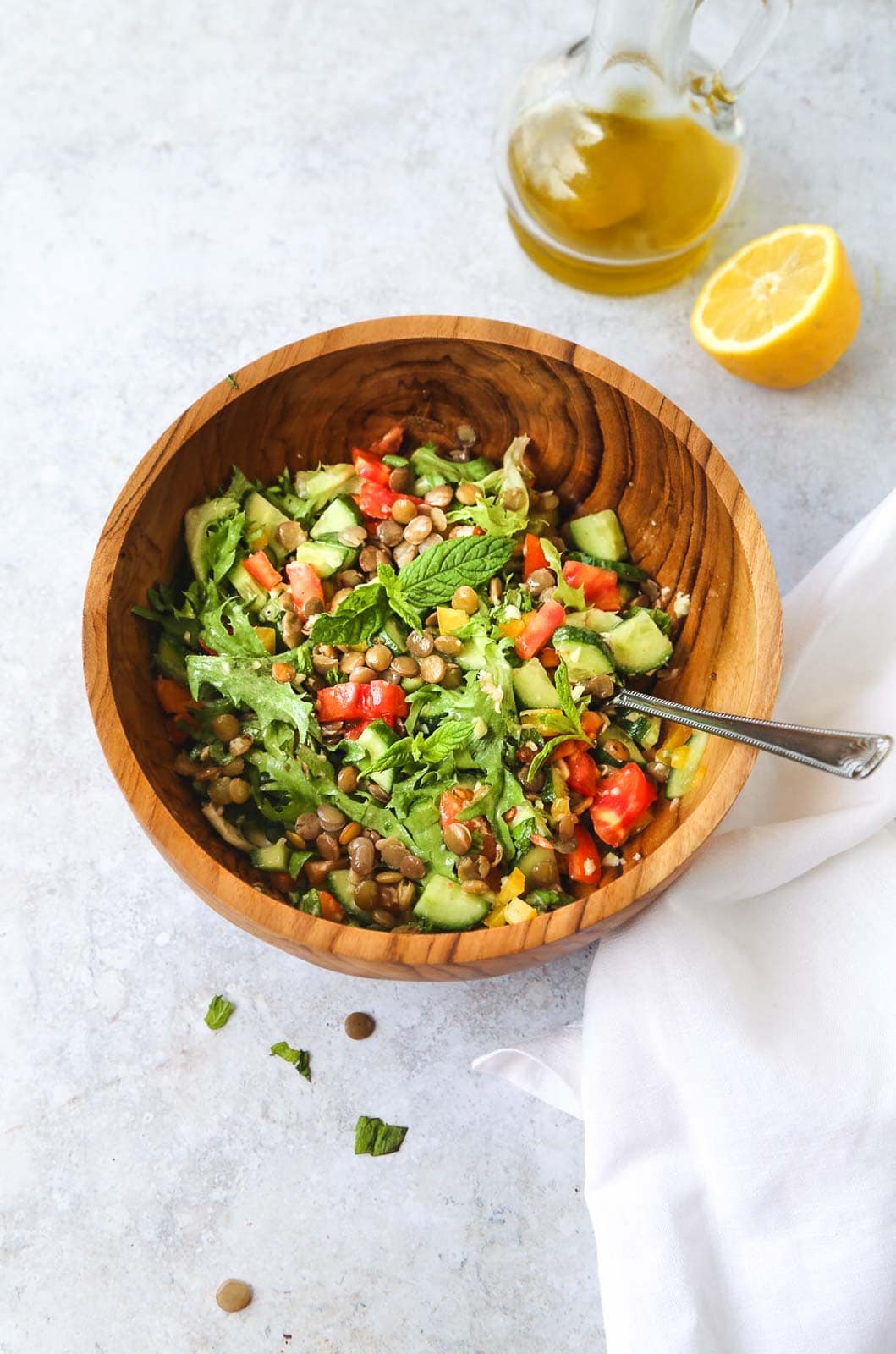 A very unique vegan mint lentil salad made with lots of fresh vegetables and vegan honey mustard dressing