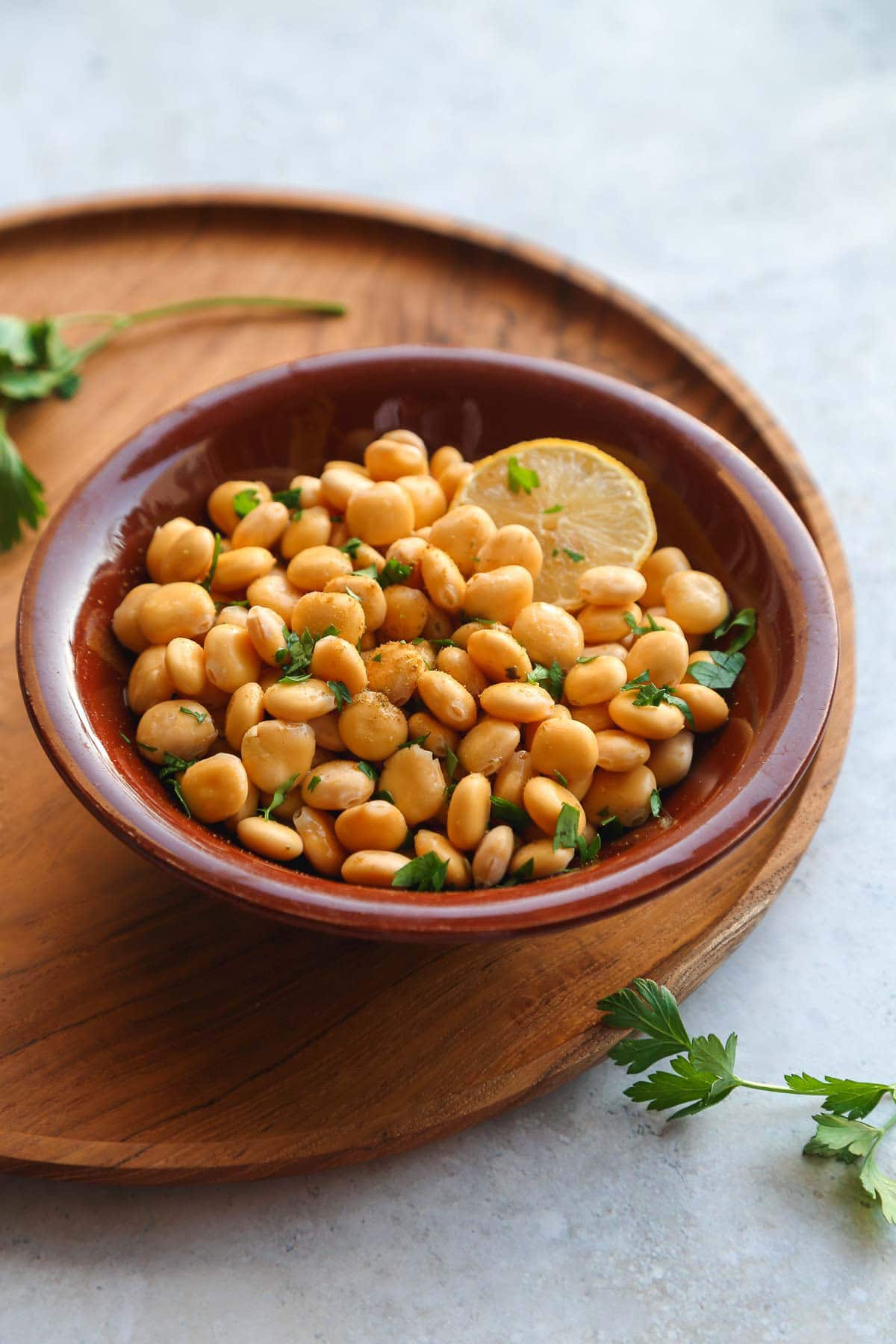 A bowl of lupini beans following a middle eastern recipe