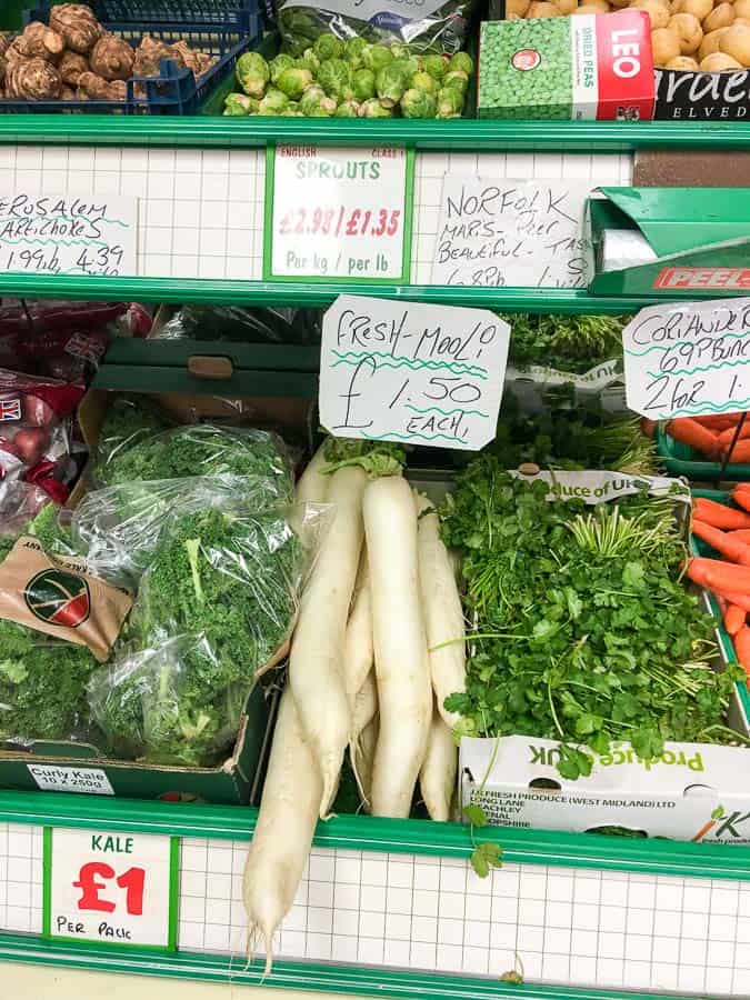 Daikon radish or mooli at the grocer