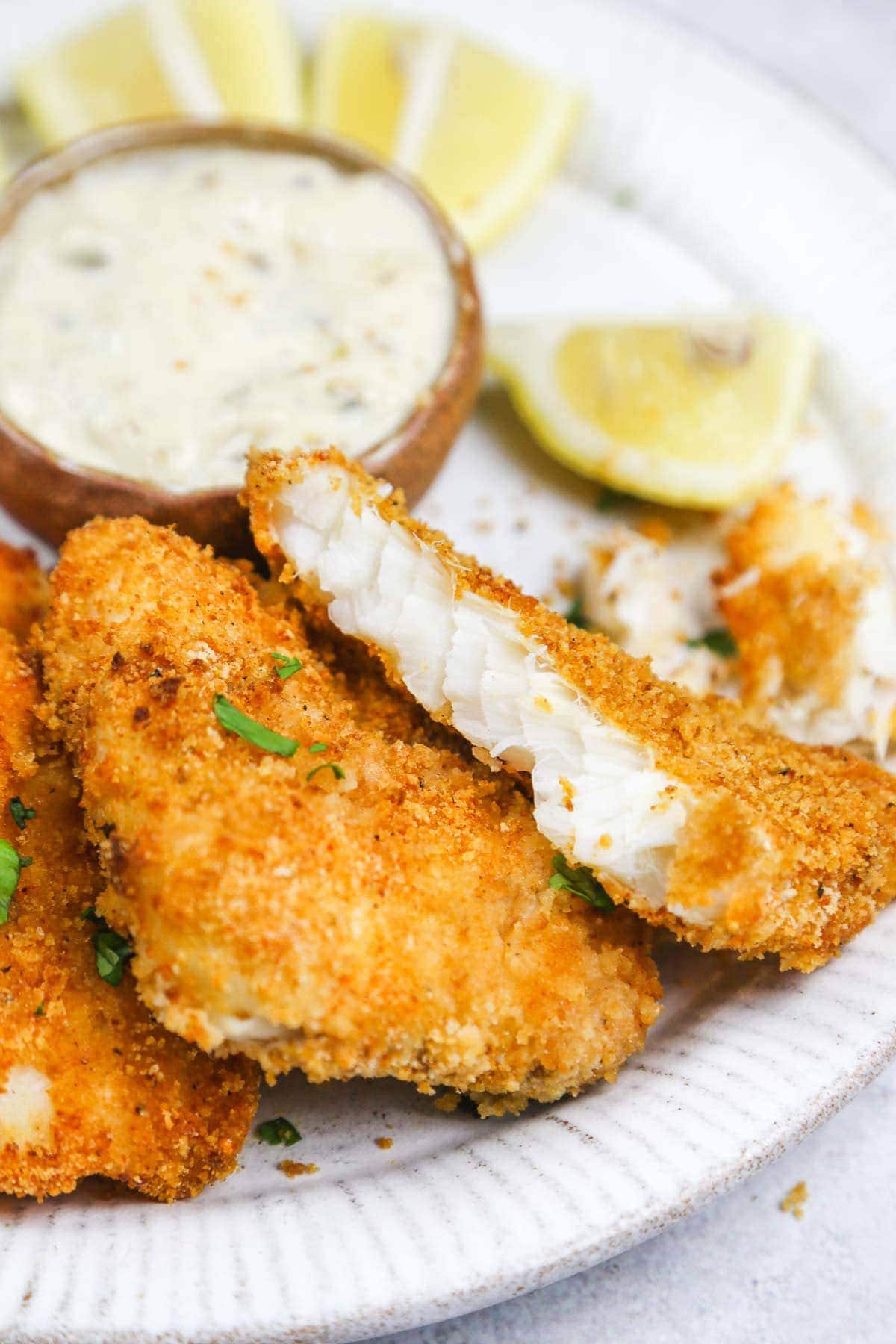 Crispy Air Fryer Fish Fillets on a gray plate