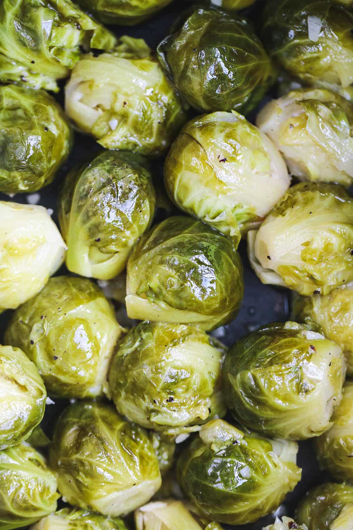 A close up shot of cooked Brussels sprouts