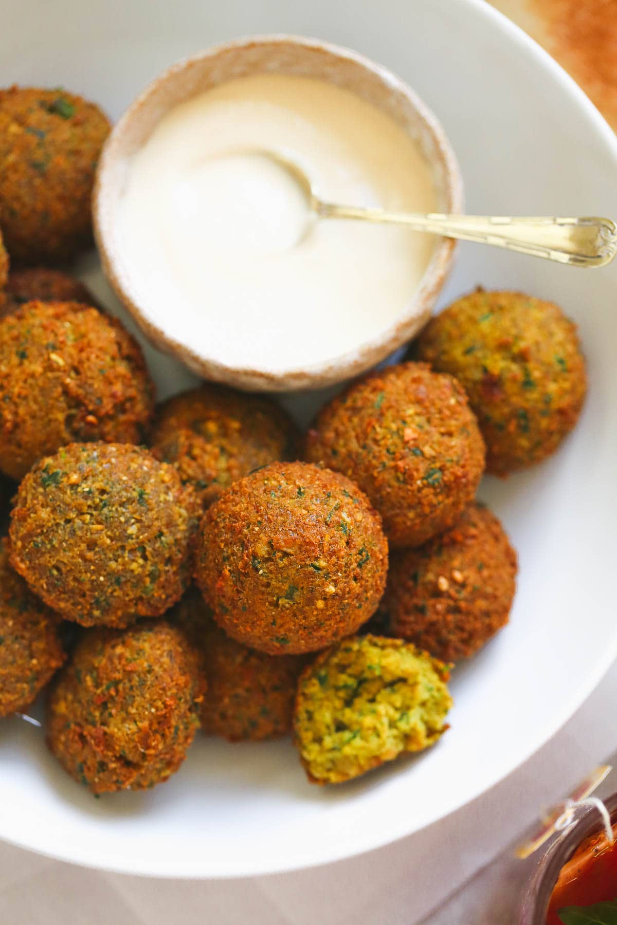 A close up to show texture of the falafel balls