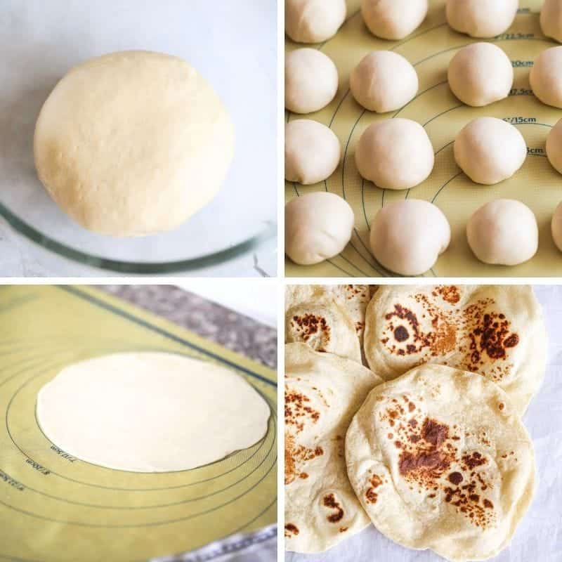 homemade flatbread dough, divided dough balls, rolled flatbread, and cooked flatbreads