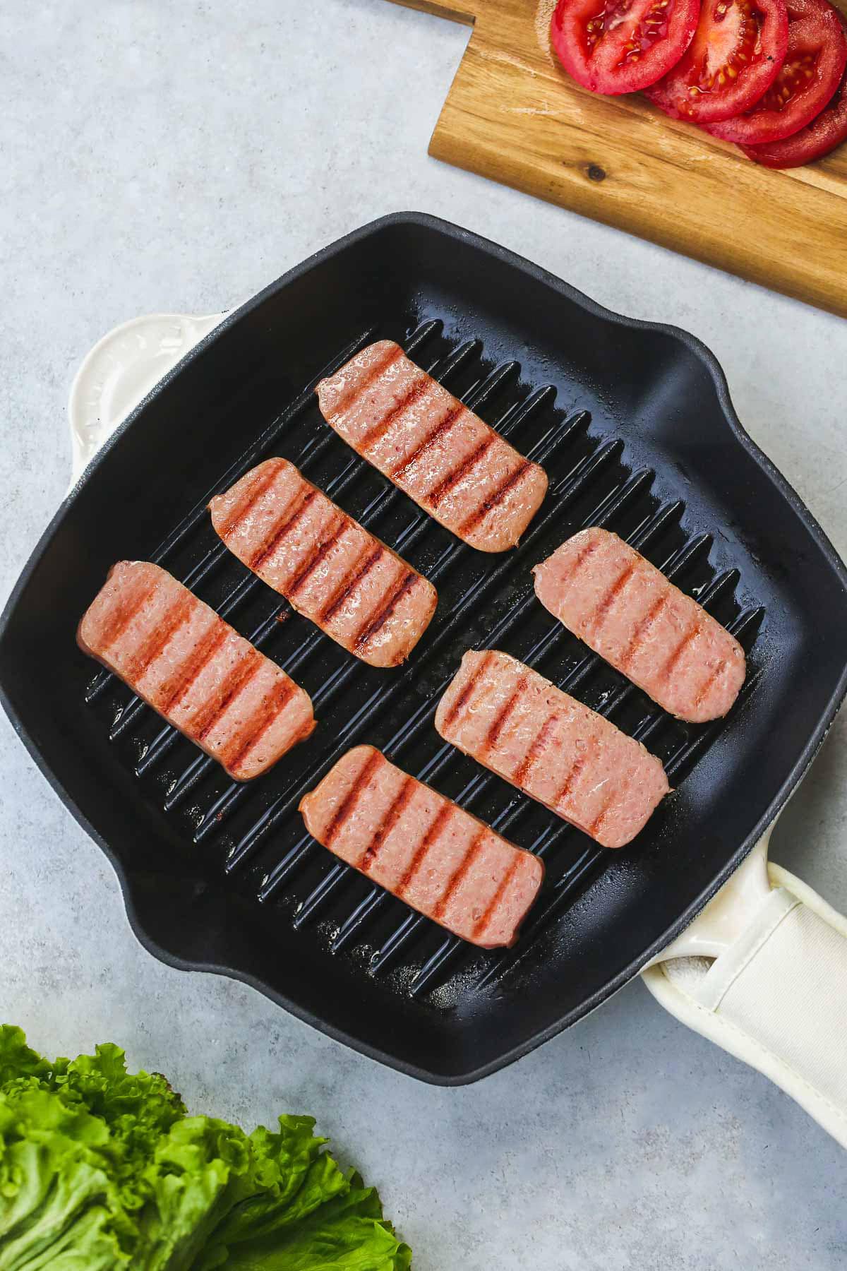 Grilled SPAM® Steaks on a le creuset cast iron grill