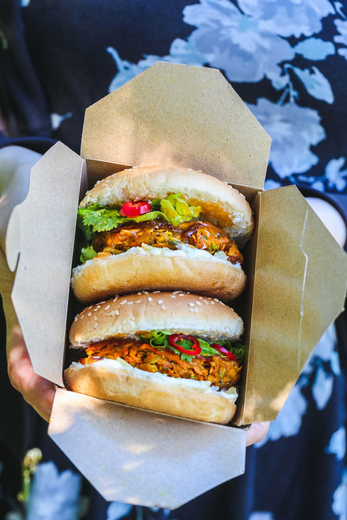 2 Bhaji Burgers in a take away box