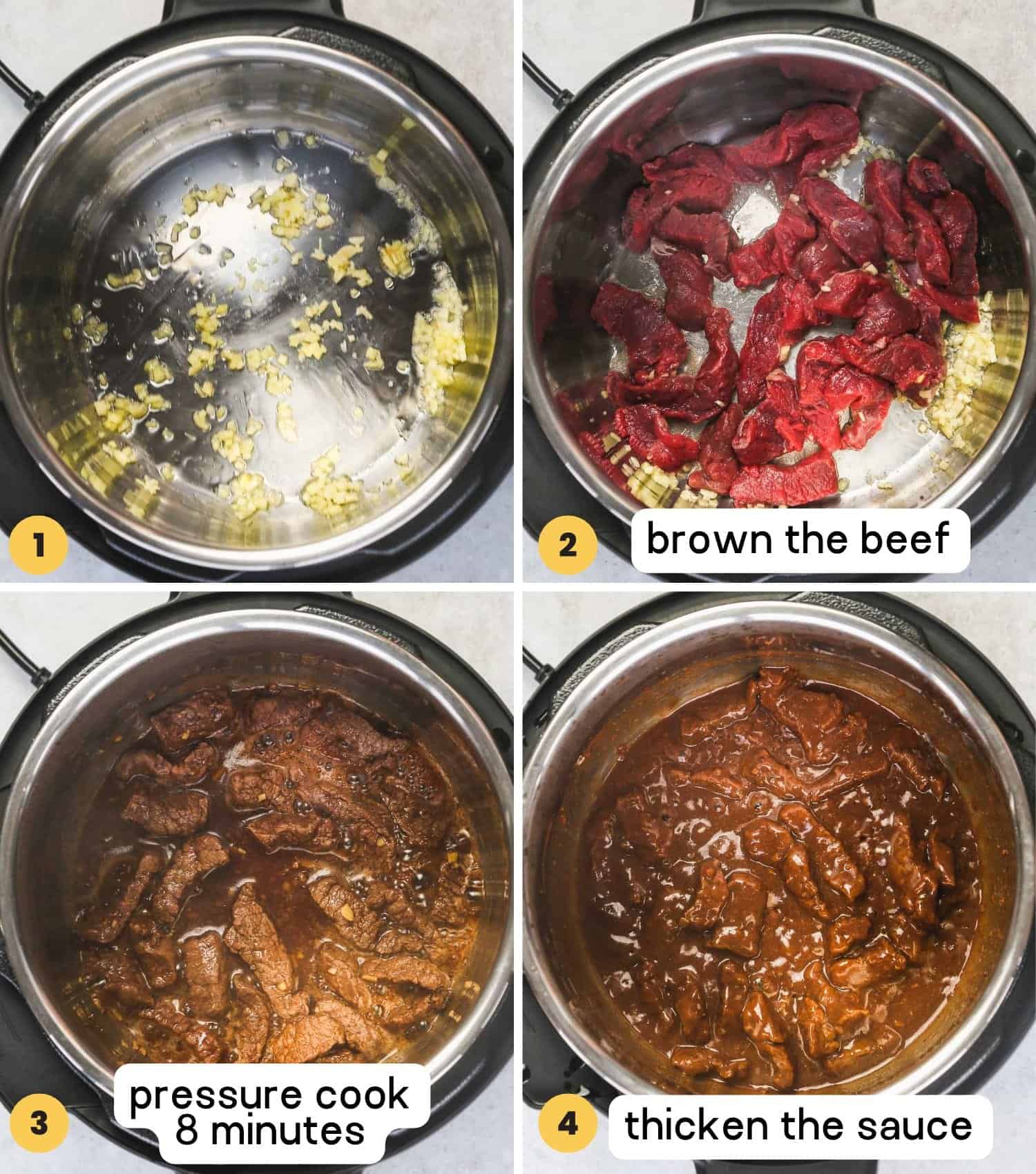Collage of four images showing how to cook beef strips in the instant pot for beef and broccoli