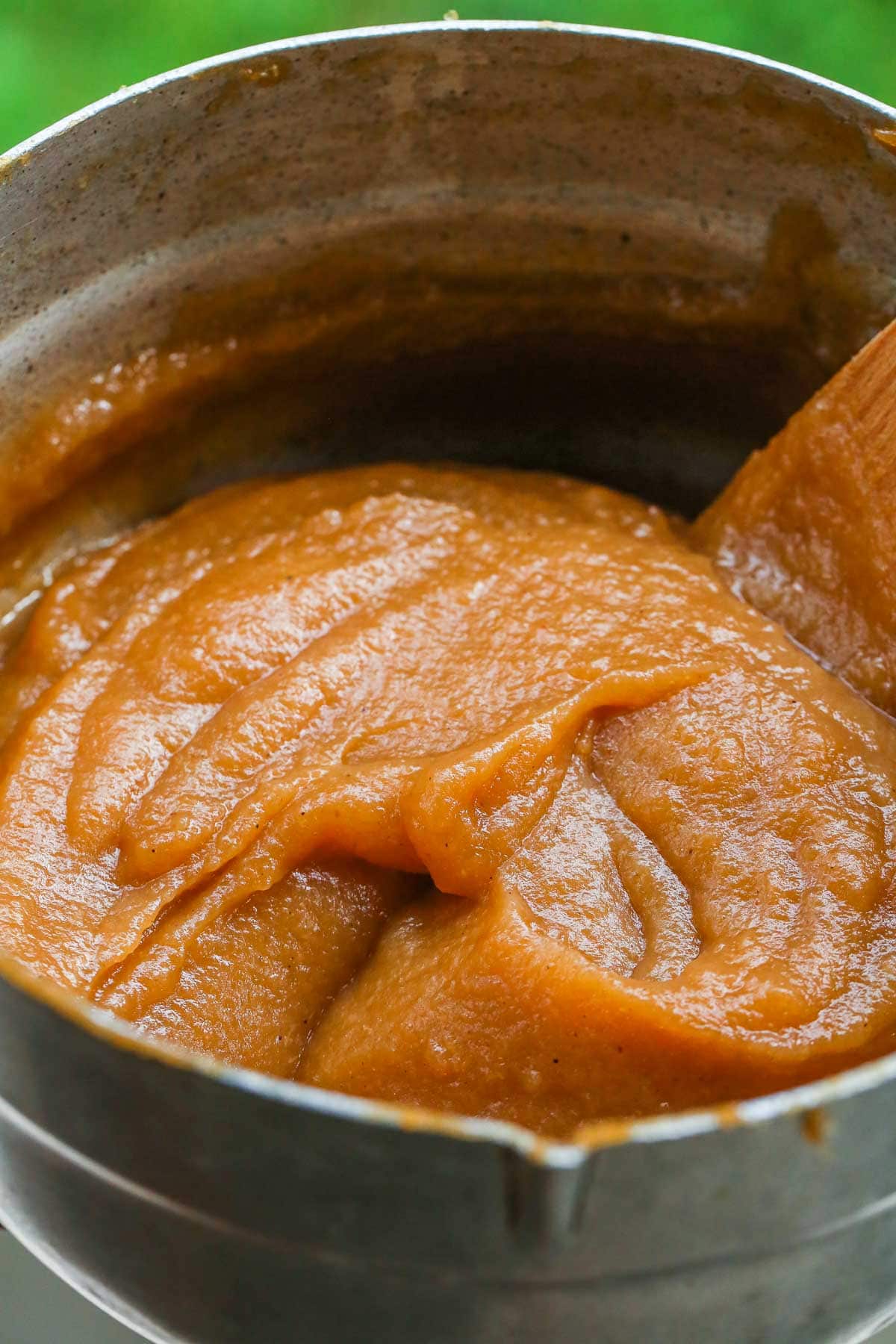 Close up shot of apple butter in a pot