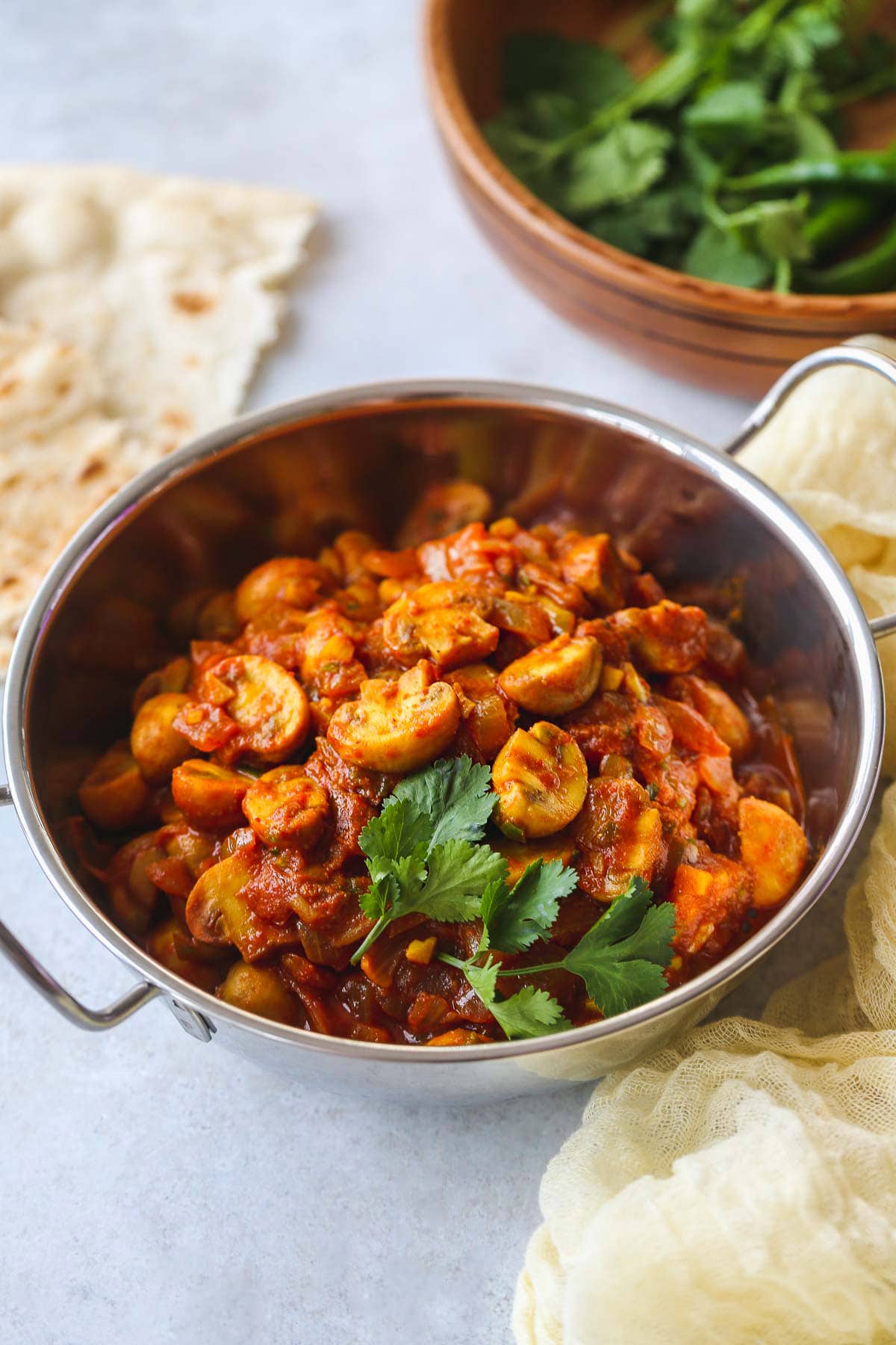 The end result: mushroom bhaji served in a balti dish.