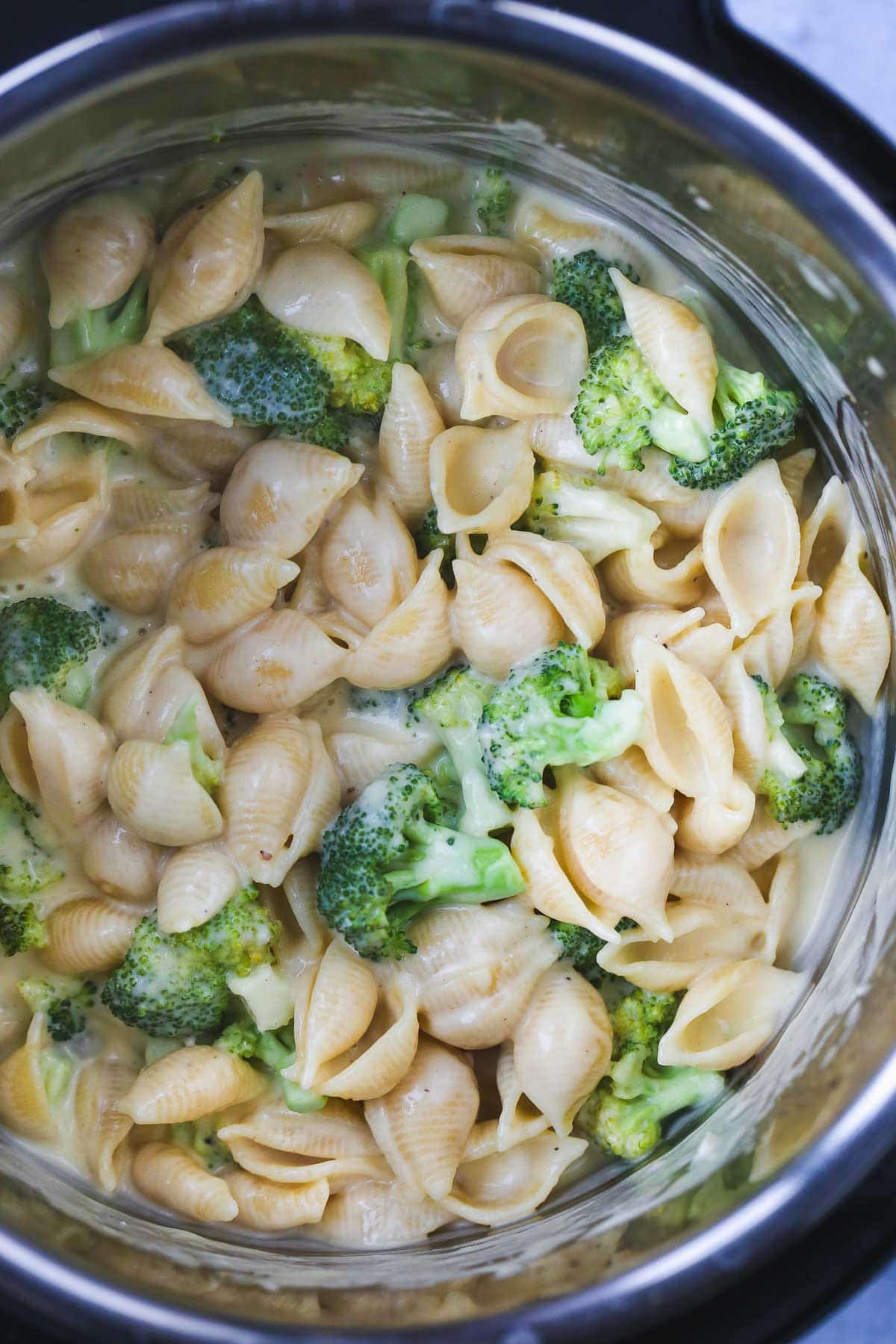 A close up picture of the Instant Pot Broccoli Mac and Cheese
