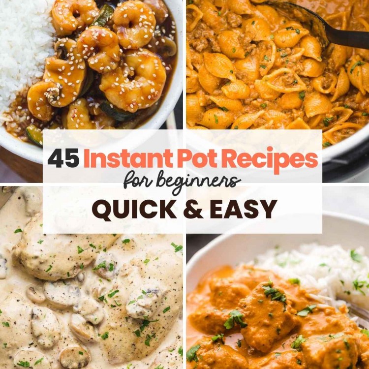 A collage with 4 images of recipes made in the Instant Pot, and overlay text "45 Instant Pot Recipes for Beginners, quick & easy"
