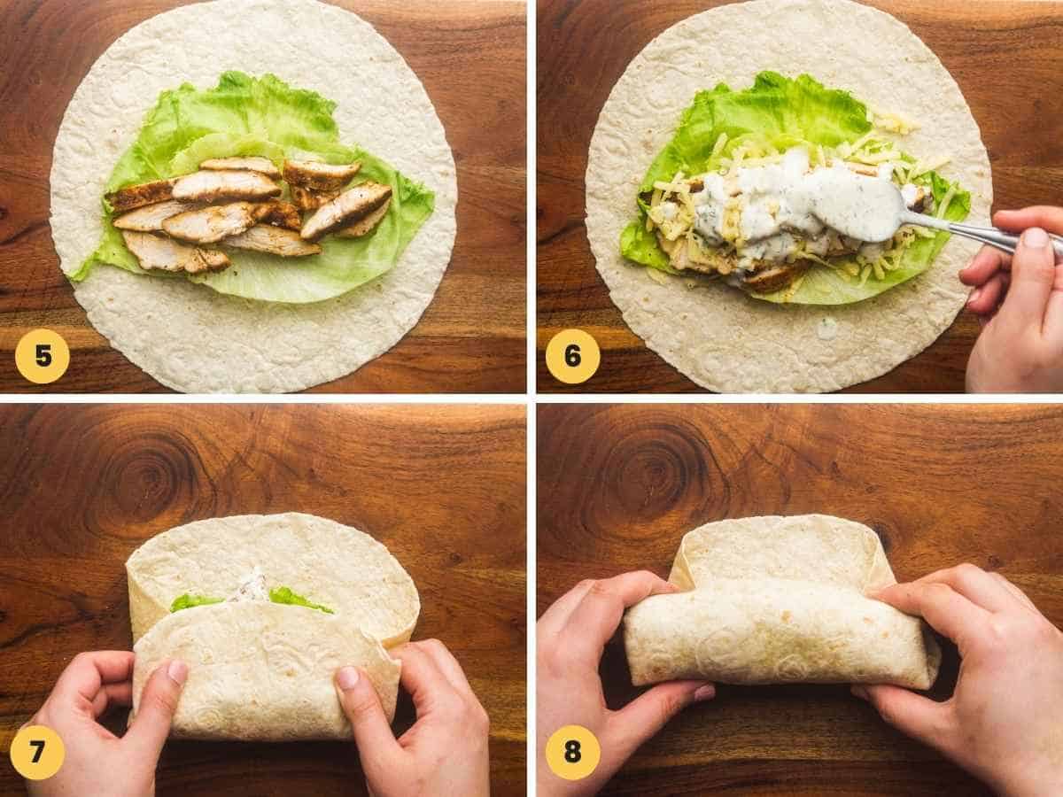 Assembling a grilled chicken wrap, and how to wrap it like a burrito