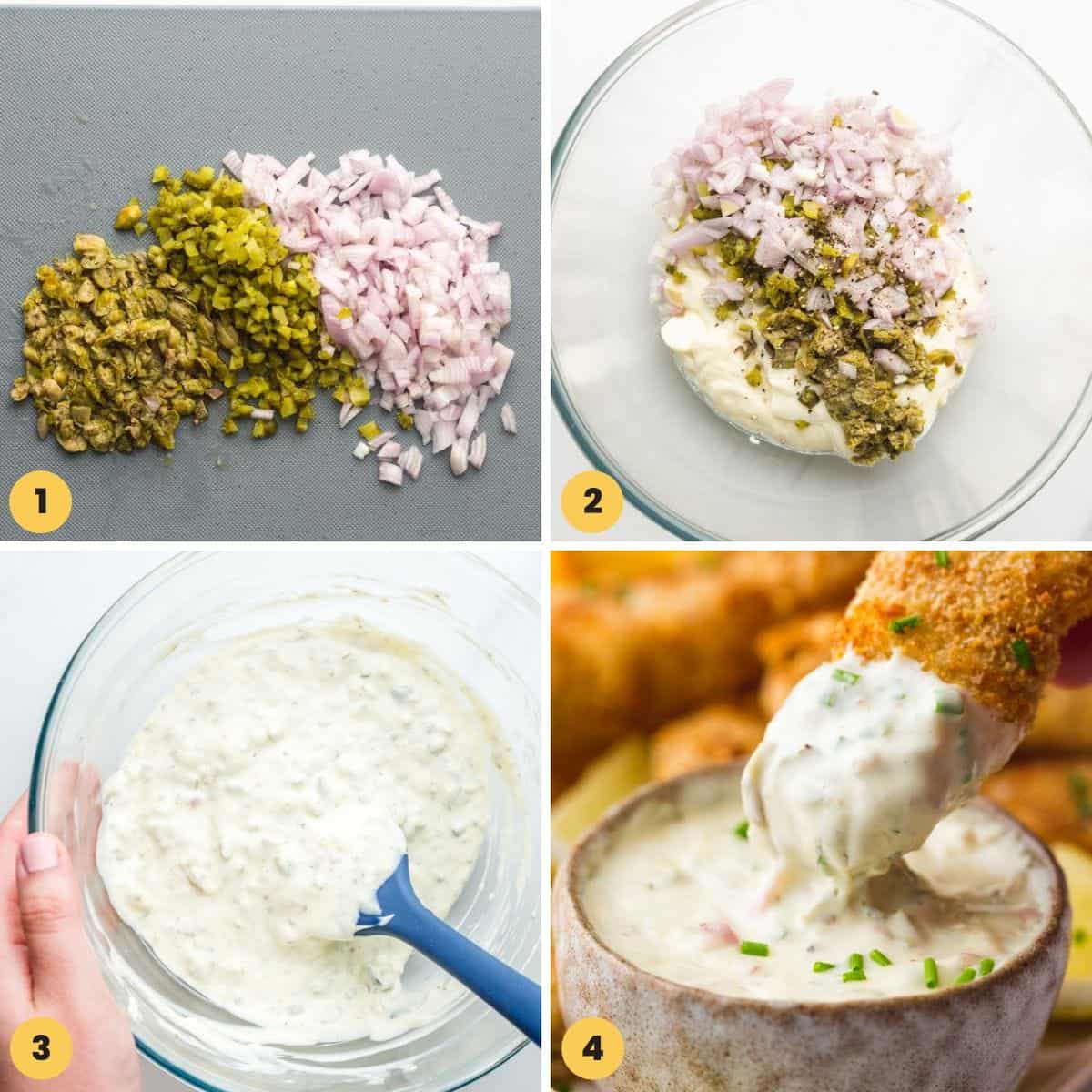 Collage of four images showing how to prep ingredients and mix up a tartar sauce