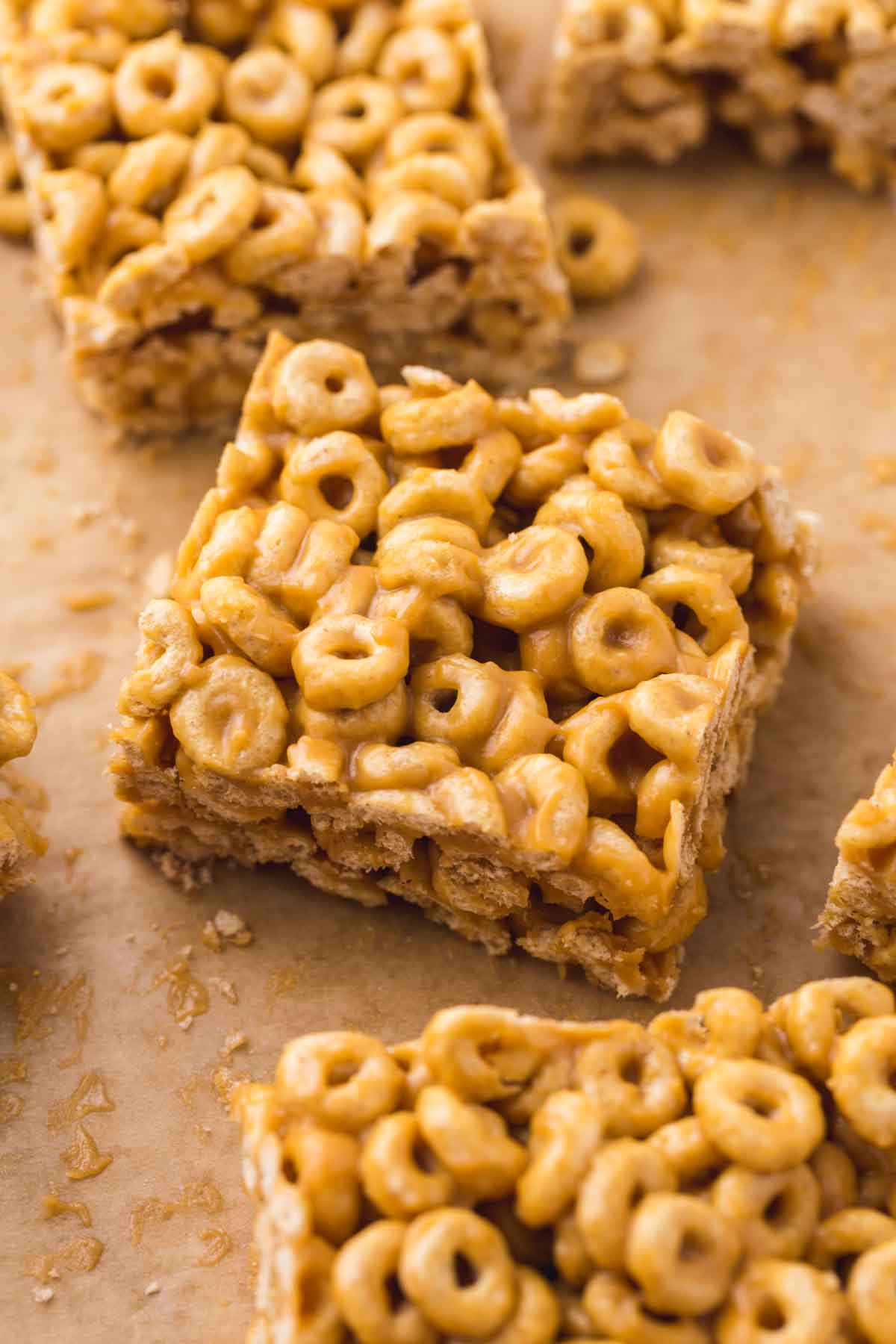 Overhead shot of peanut butter cereal bars made with cheerios