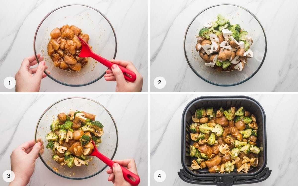 A collage with 4 images showing how to make chicken and broccoli in the air fryer