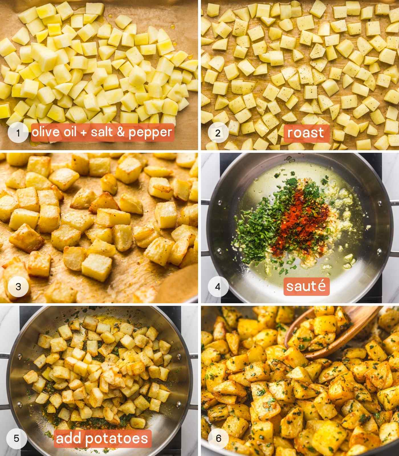 A collage showing steps how to make batata harra, total of 6 images