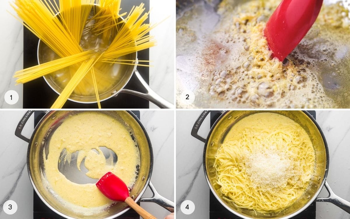 A collage with 4 images on how to make creamy lemon pasta