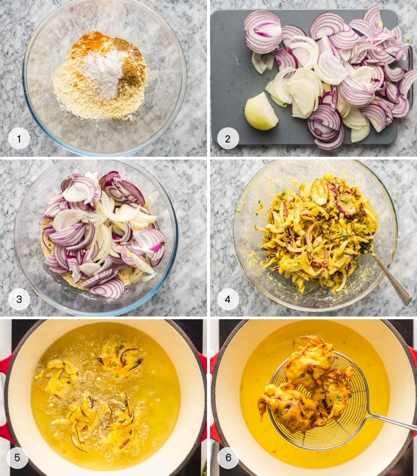 A collage with 6 images, steps how to make onion bhaji
