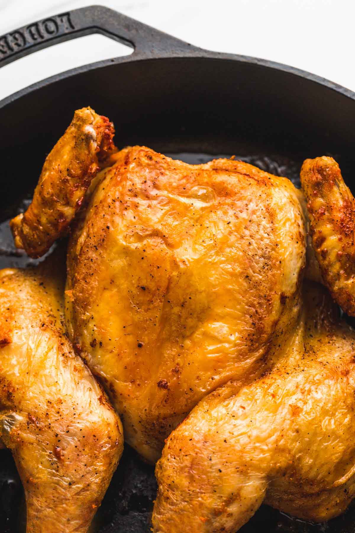 A close up shot of a perfectly roasted spatchcocked chicken on a cast iron pan