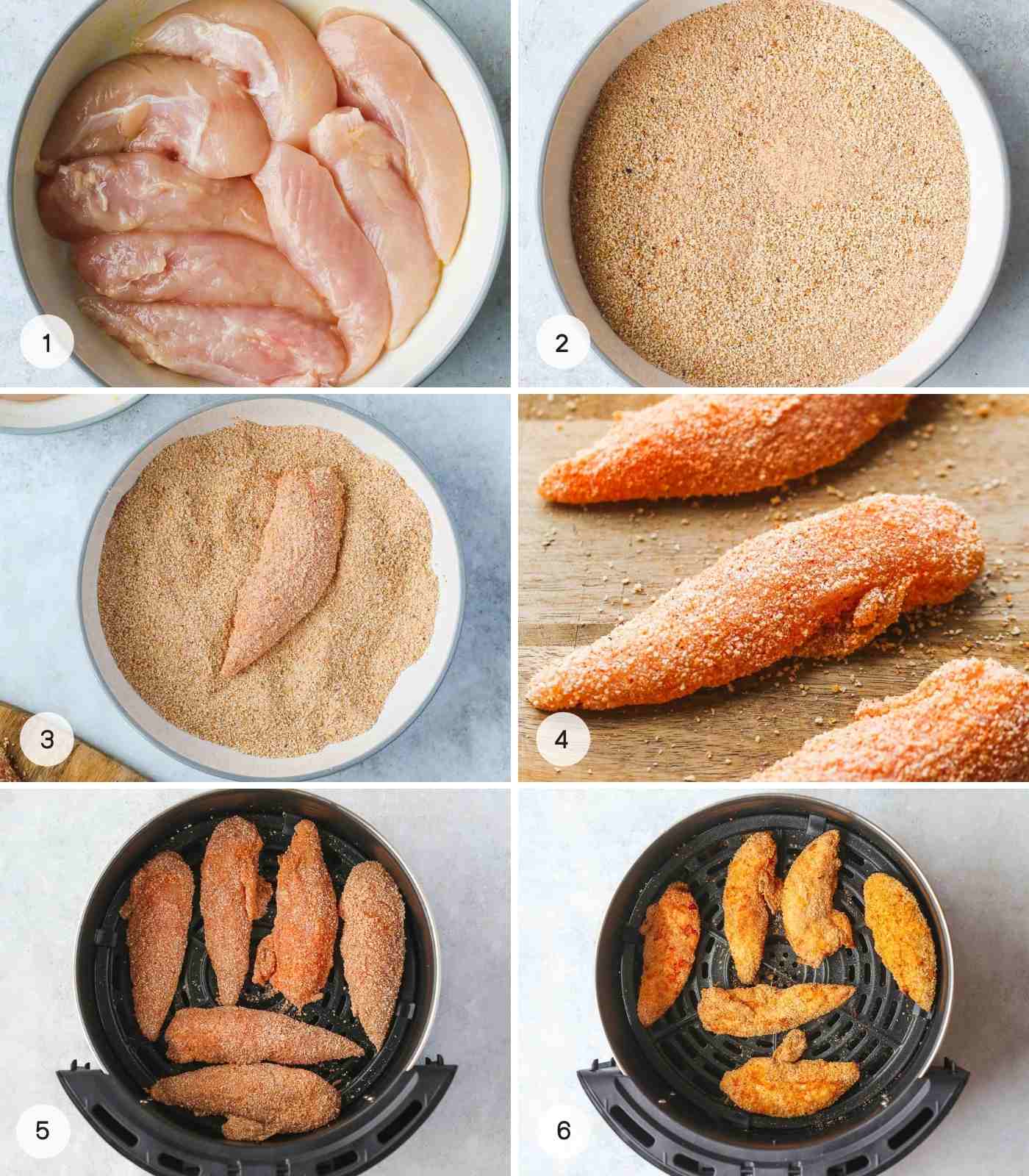 A collage with 6 images to illustrate how to bread chicken tenders and air fry them