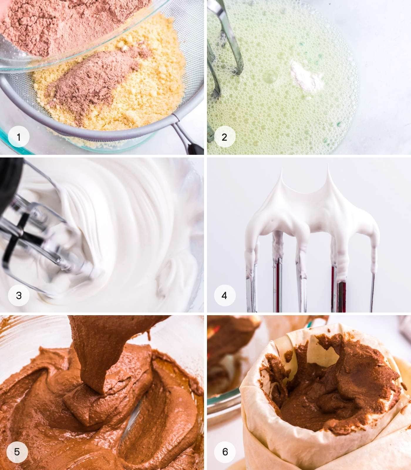 A collage with 6 images showing how to make macarons