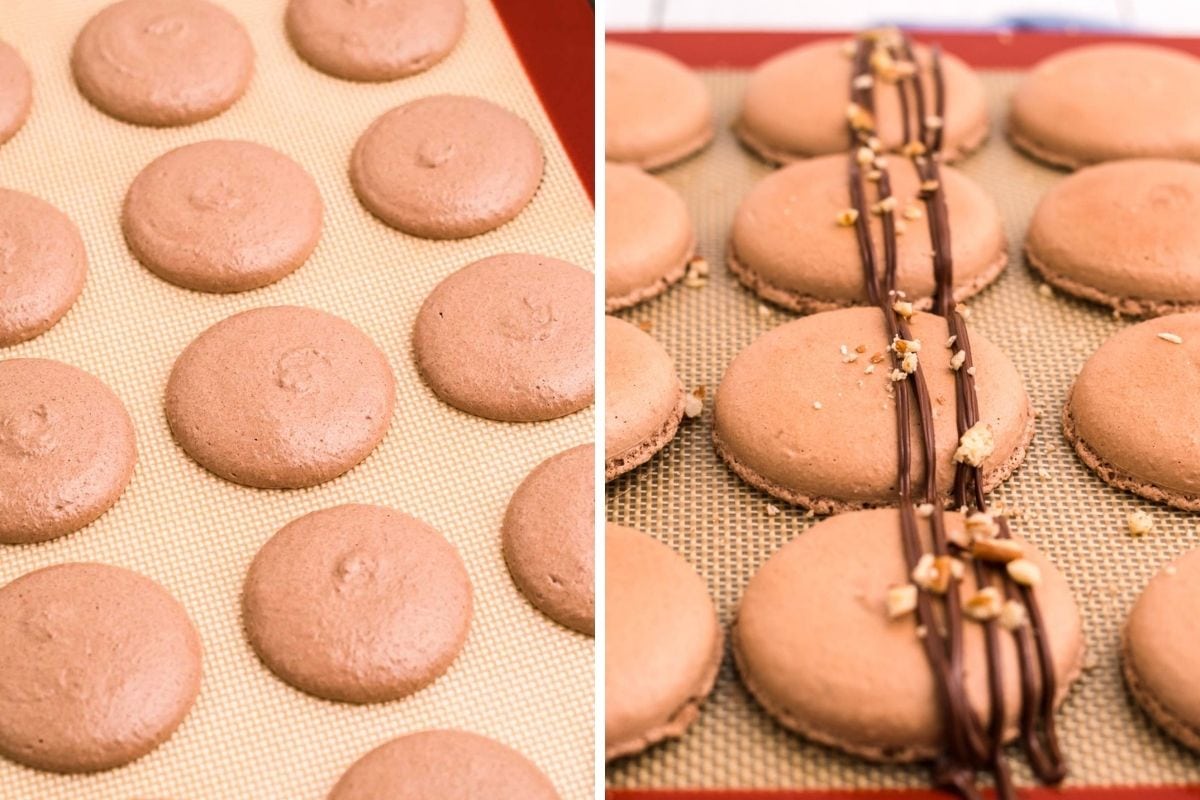 A collage with 2 images, the macaron shells before and after baking