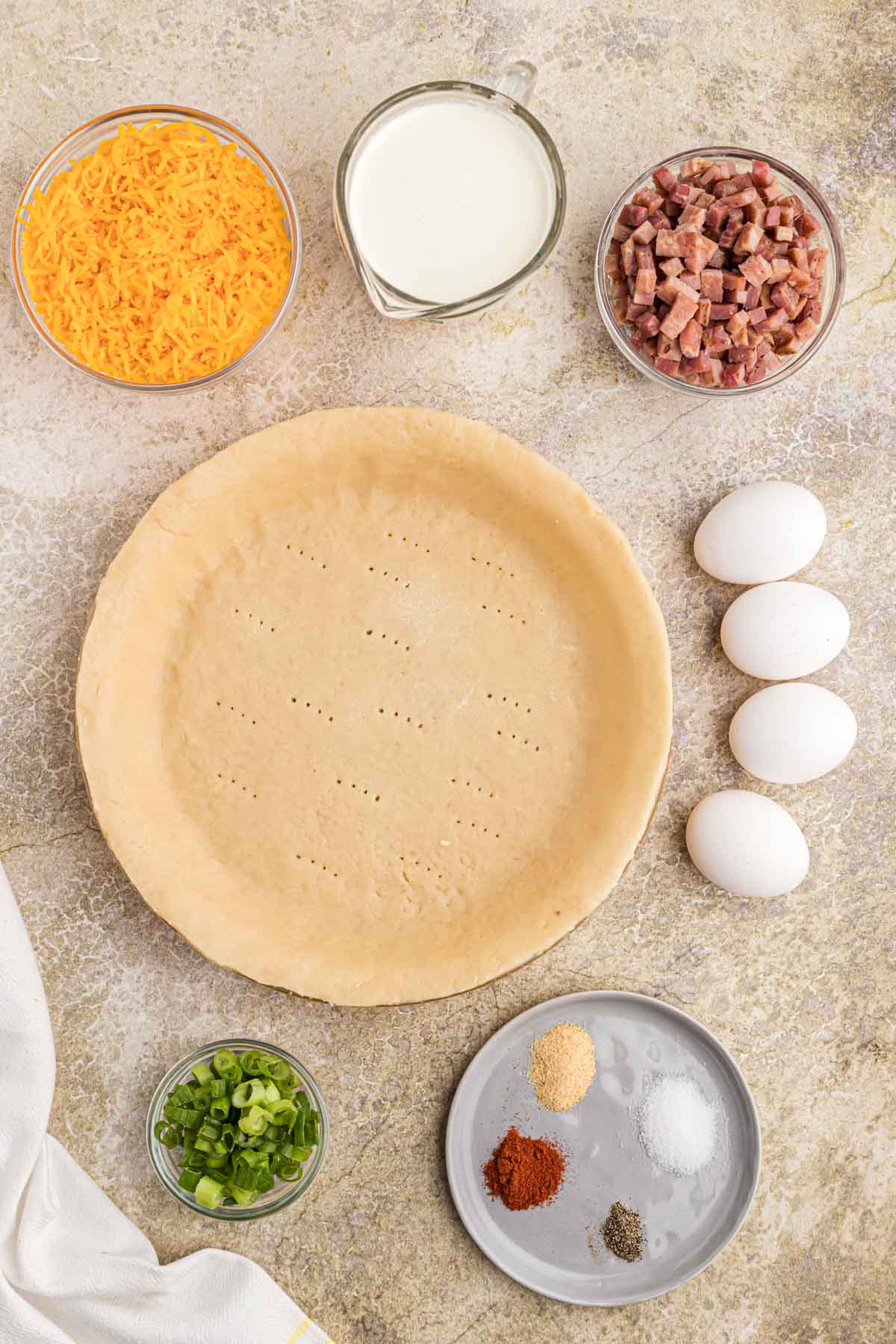 Ingredients needed to make cheese and ham quiche