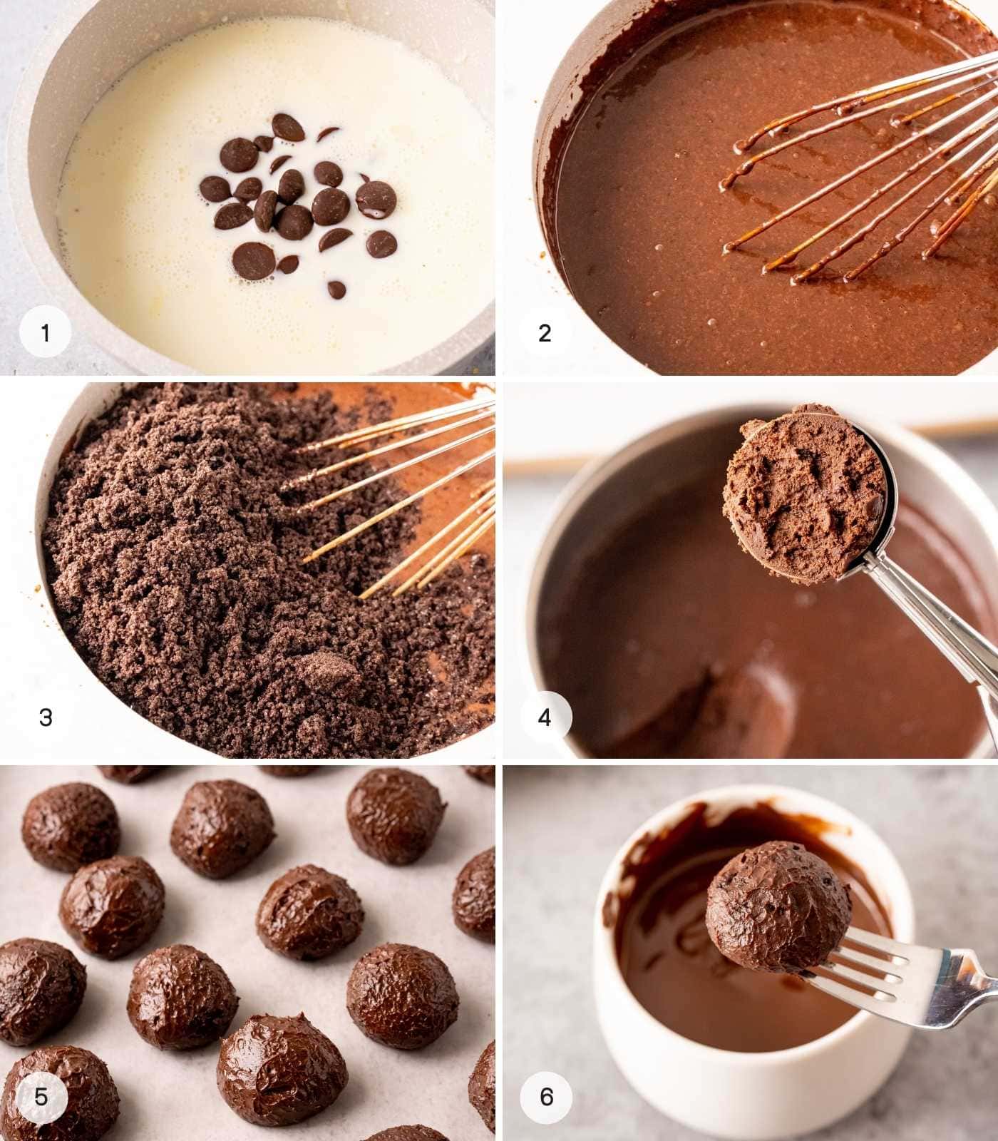 A collage with 6 images showing how to make Oreo truffles