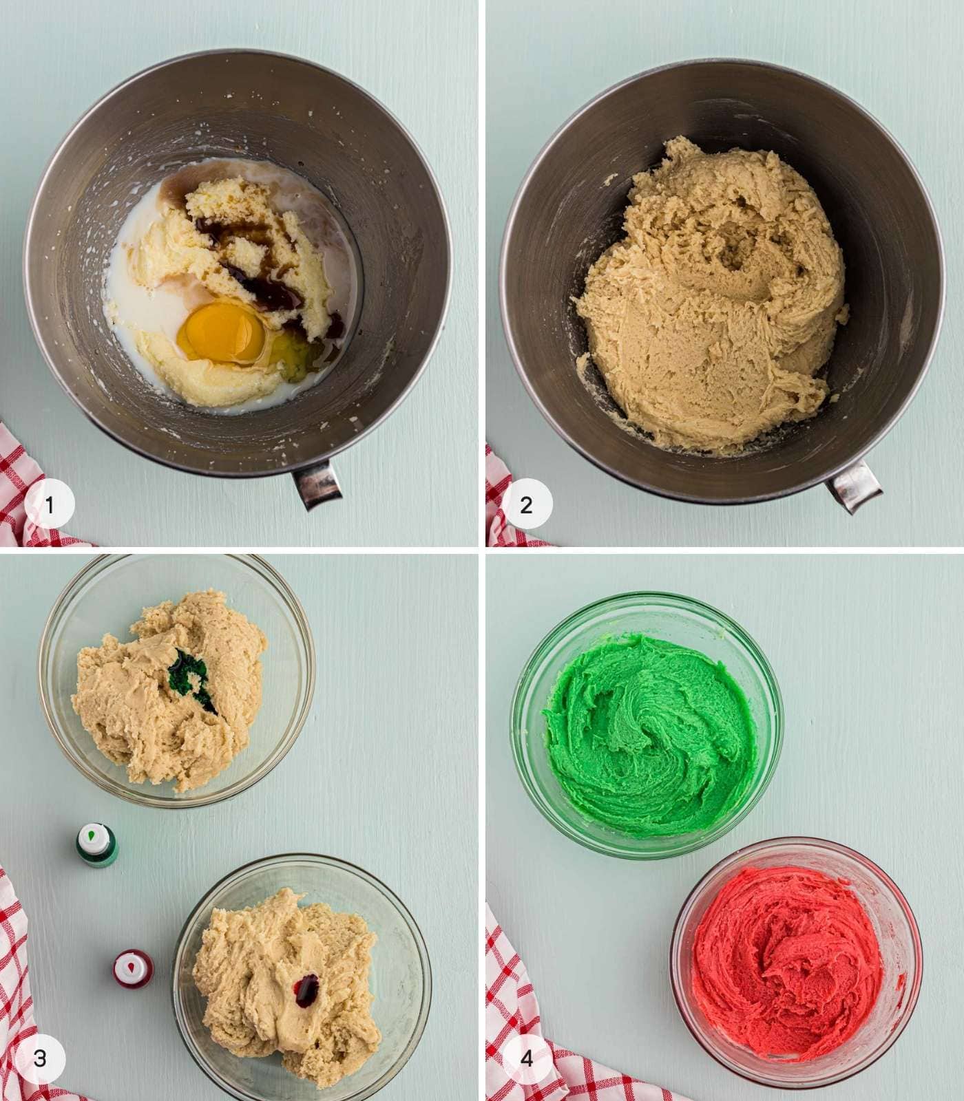 A collage of 4 images with steps n how to make the cookie dough