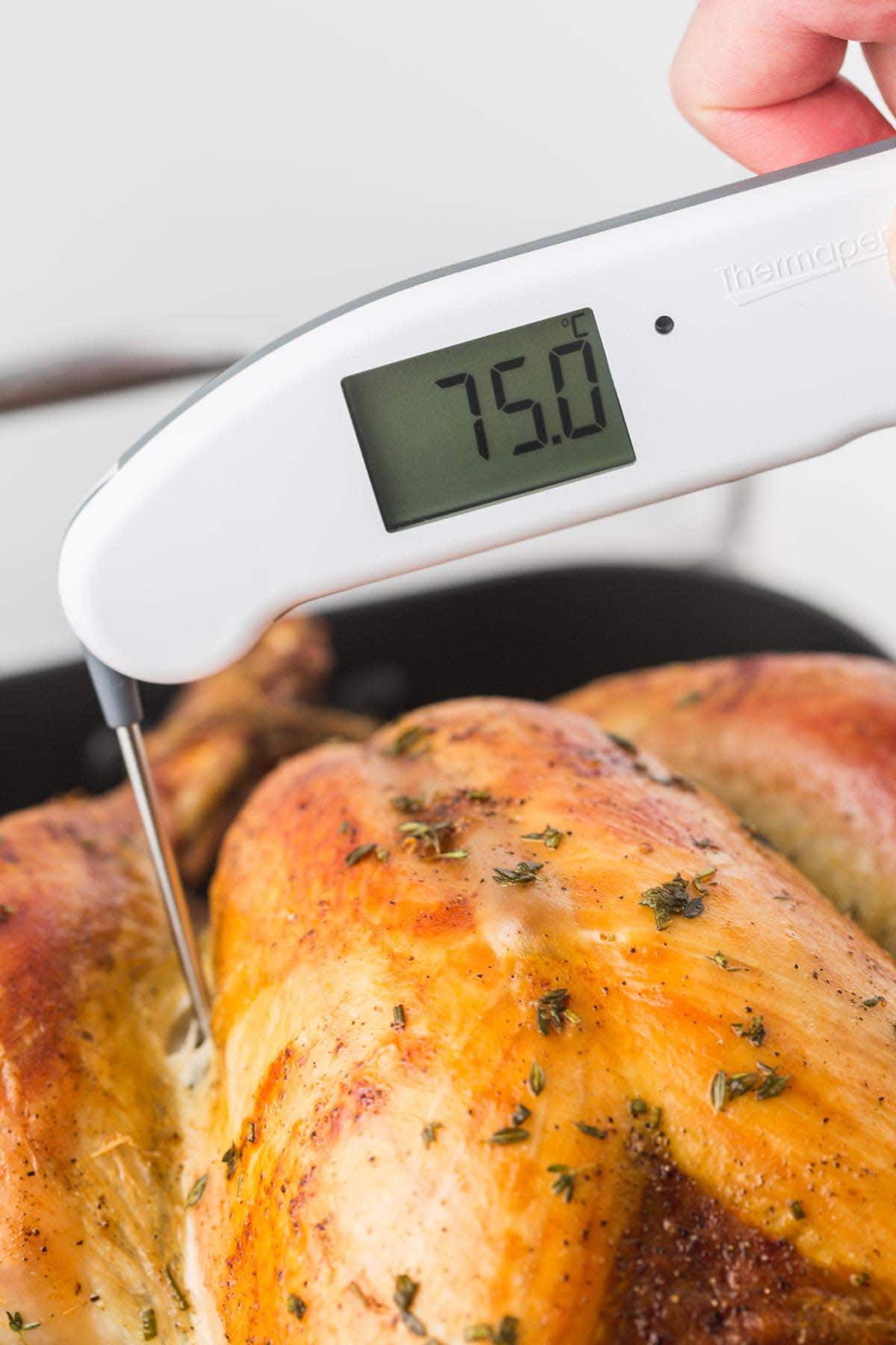 Checking the internal temperature of the turkey thigh using a Thermapen kitchen thermometer, registering 75°C