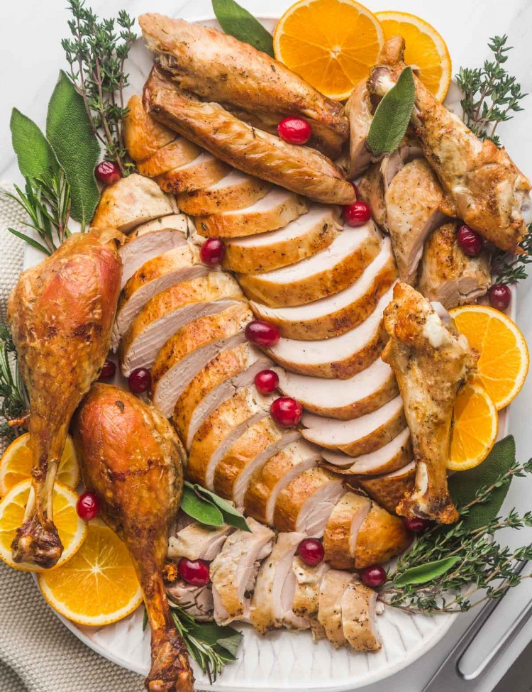 Carved and sliced turkey served on a large platter