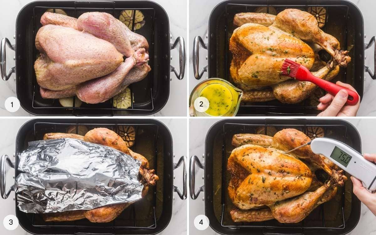 A collage with 4 images showing how to roast a turkey