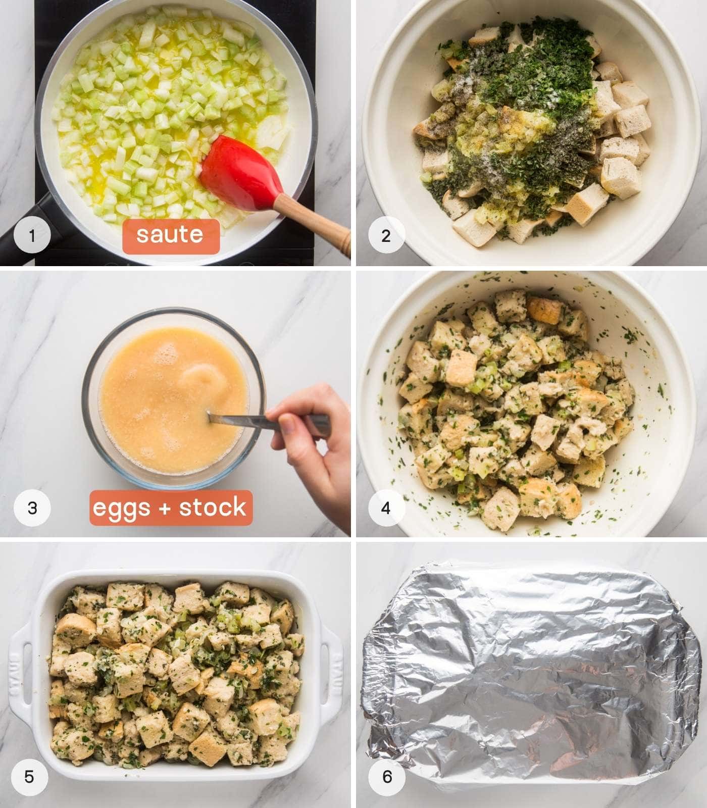 A collage with 6 images on how to make stuffing