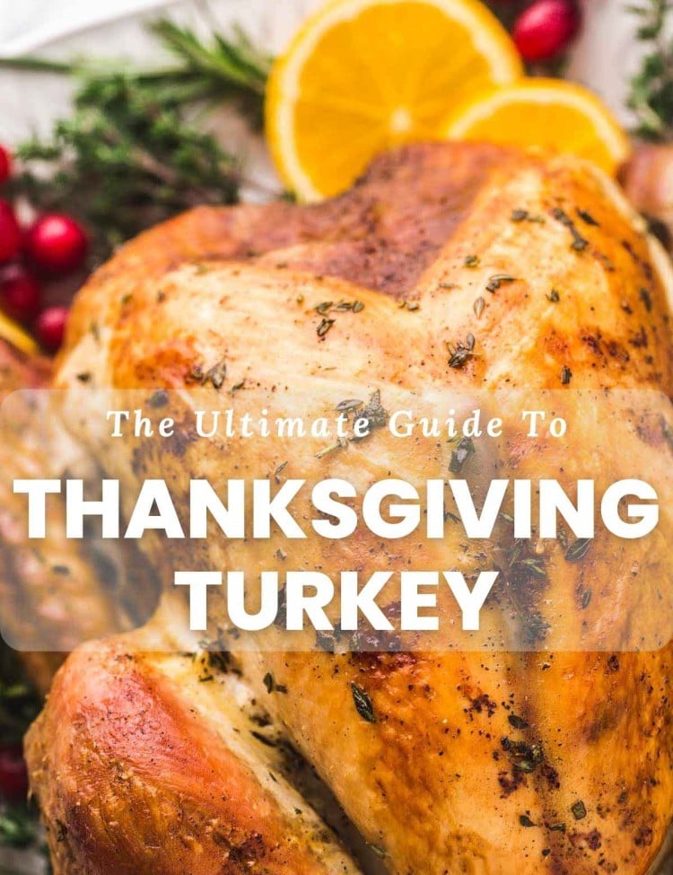 Close up of roasted turkey with text overlay "The Ultimate Guide to Thanksgiving Turkey"