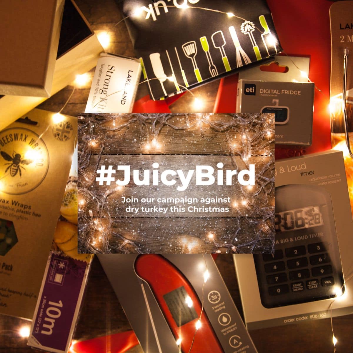 The prize items, with text overlay #JuicyBird