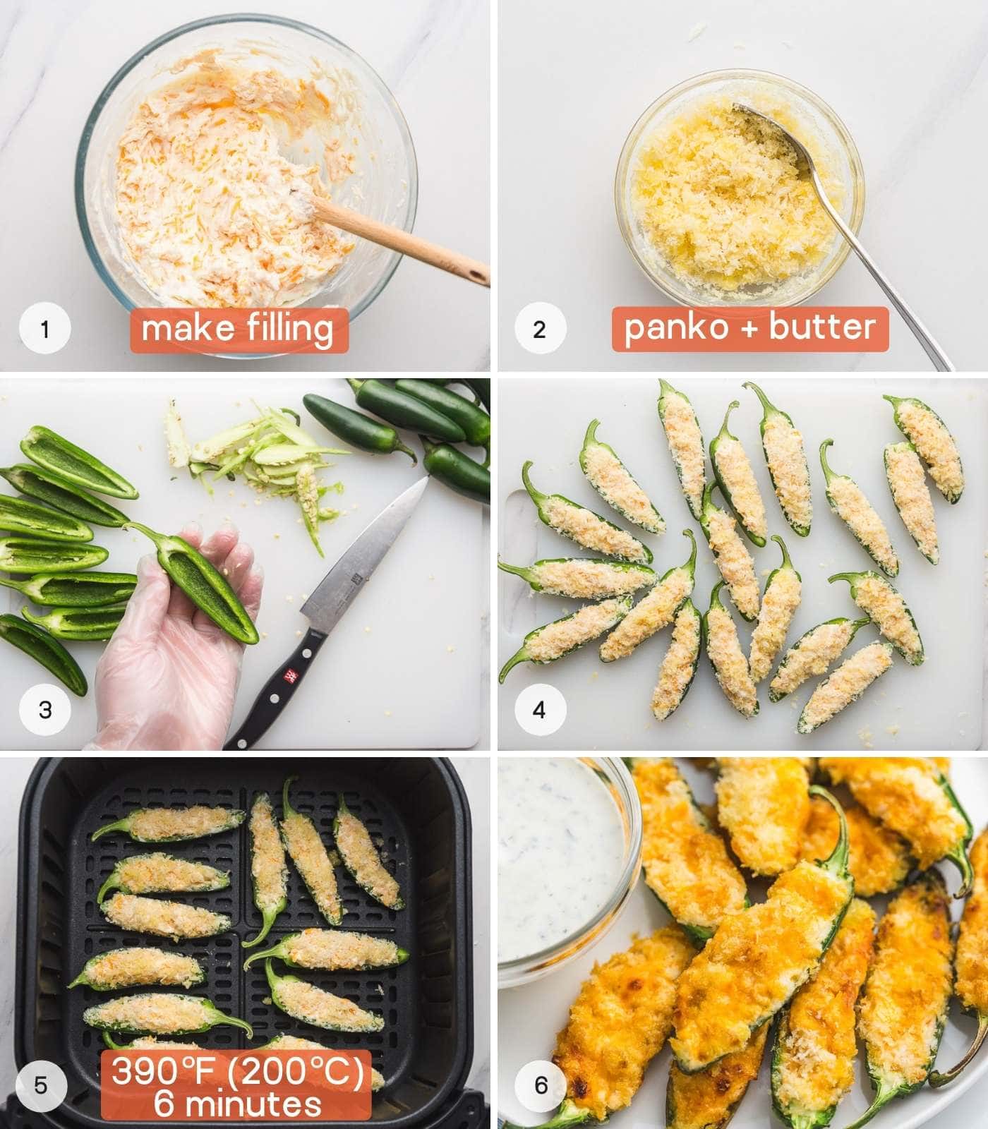 A collage with 6 images showing how to make pepper poppers in the air fryer