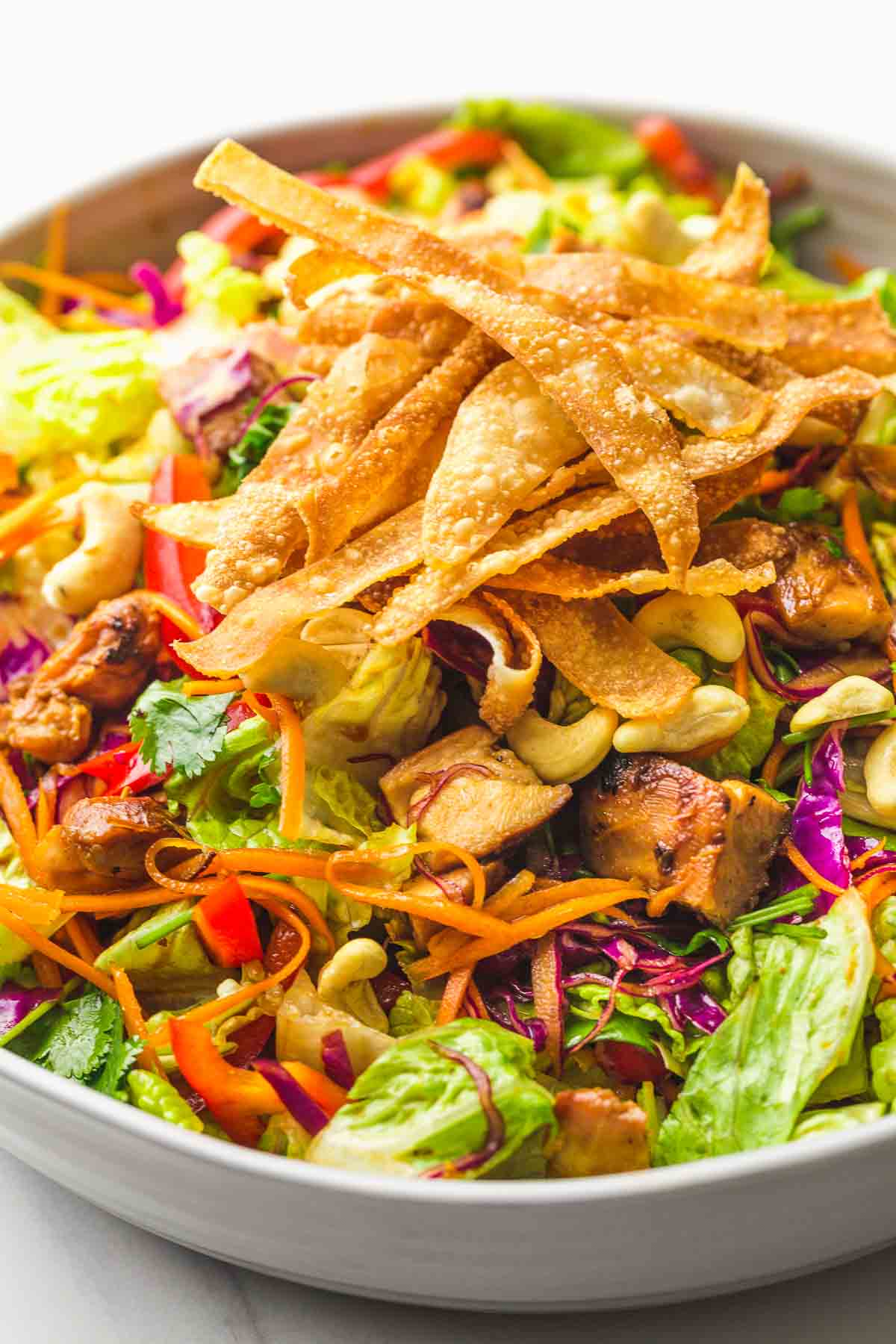 Asian Chicken Salad with homemade Wonton chips served in a large salad bowl