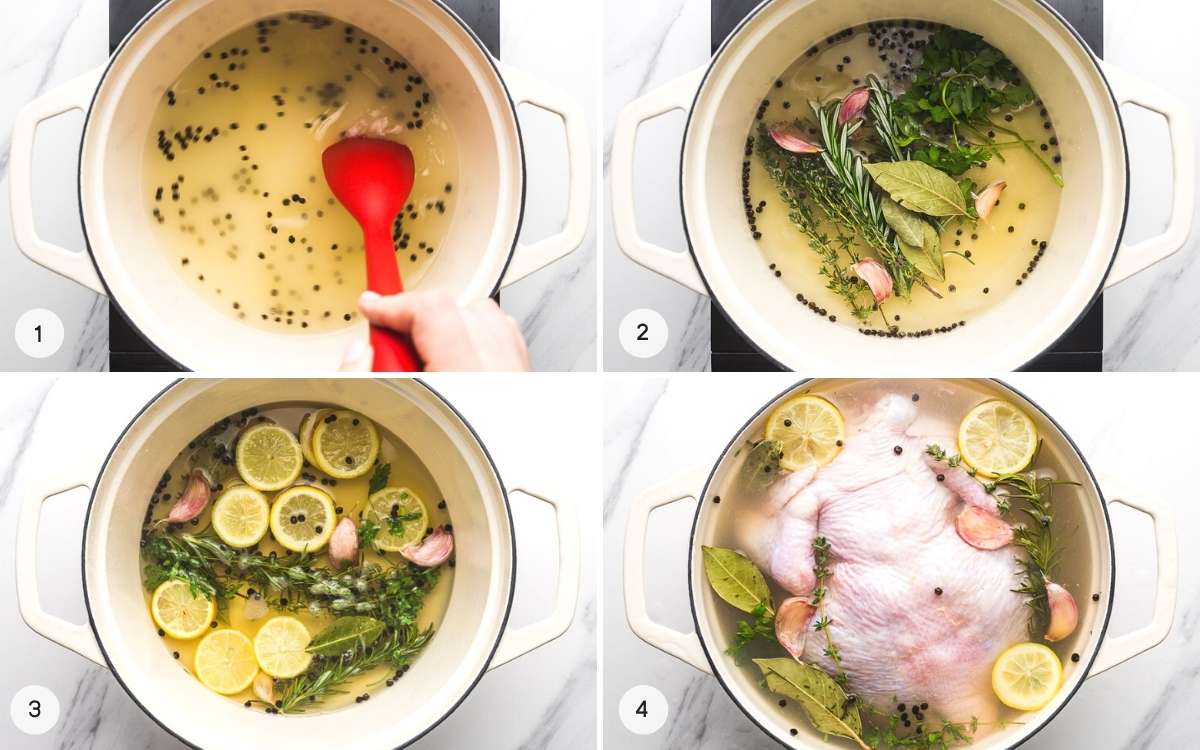 A collage with 4 images on how to make the brine solution then brine the chicken