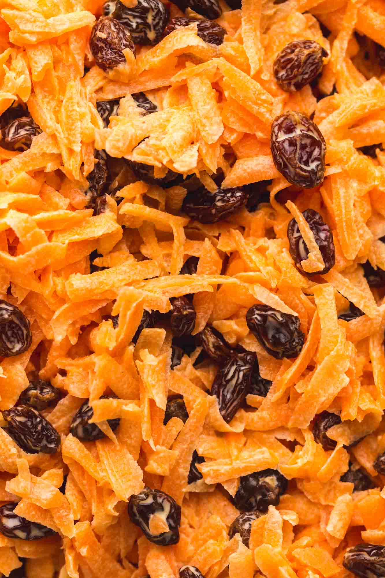 Close up shot of raisin carrot salad