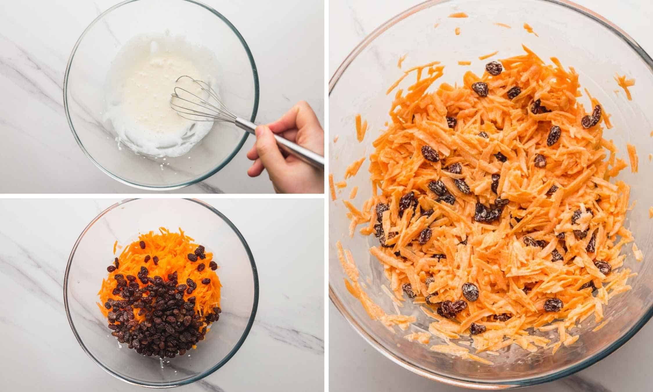 A collage with 3 images showing to make carrot and raisin salad